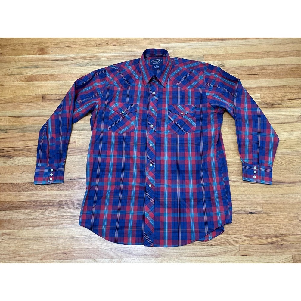 Williams Bay Western Button‎ Up Shirt Men's XL Blue Plaid Pearl Button Collared